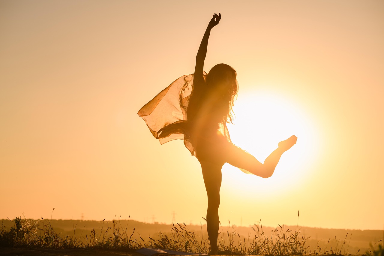 woman, silhouette, yoga, nature, pose, sunset, young woman, dance, sky, sun